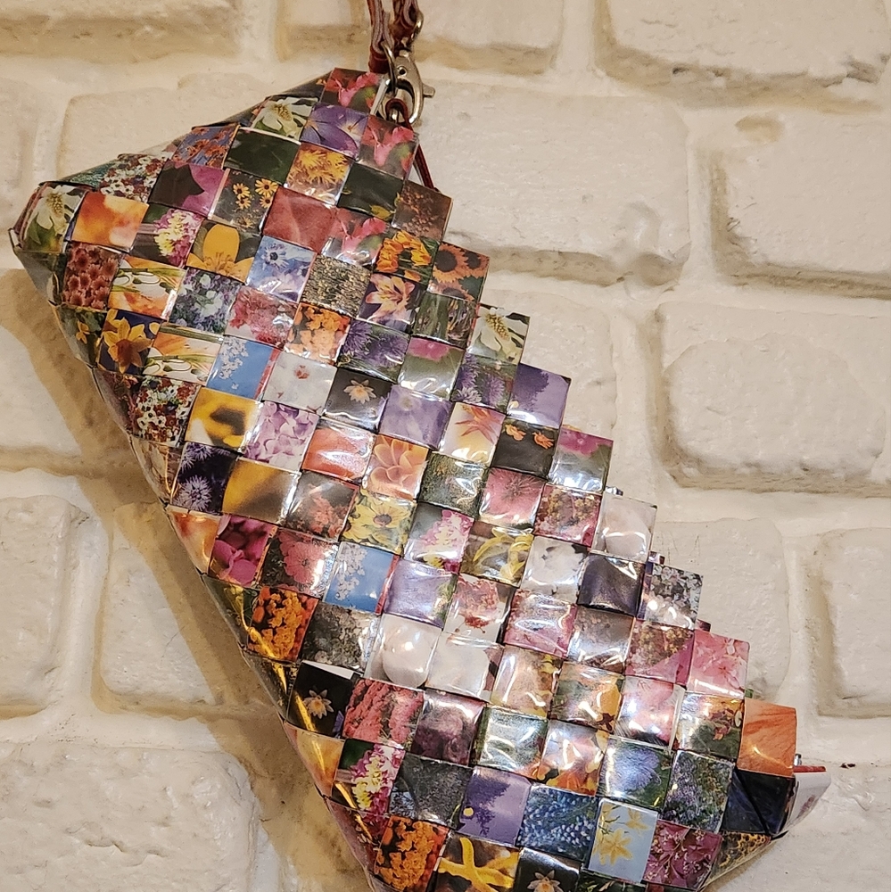 Nahui Ollin Repurposed Upcycled Wrapper Red Leather Wristlet